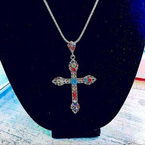 Betsey Johnson Authentic silver cross necklace colored stones BNWT in box